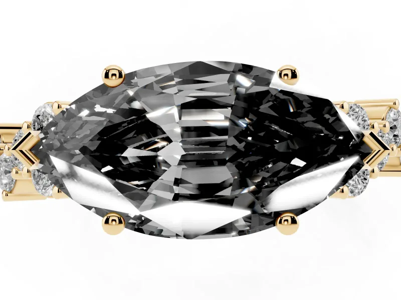 Marquise Scattered Accent Engagement Ring Setting for a Black Center | Slim Band | Yellow Gold