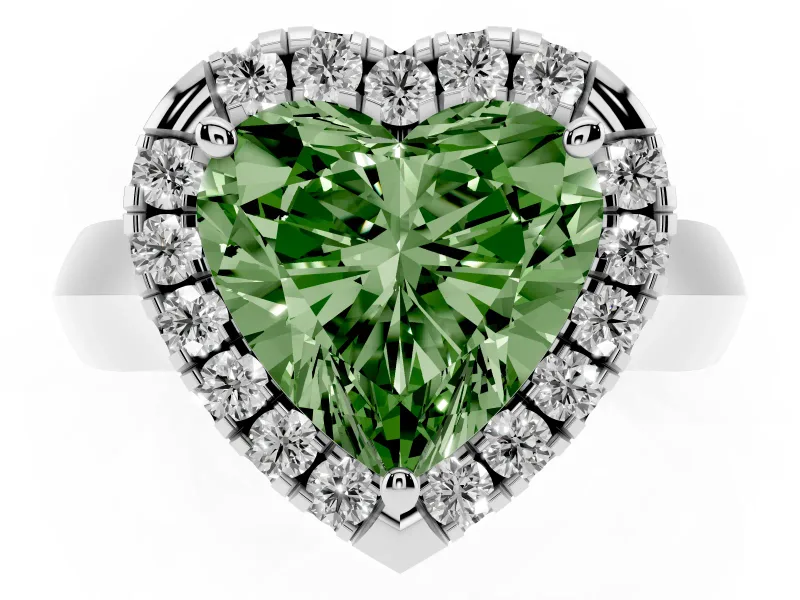 Fancy Green Heart Cut Diamond Halo Solitaire Engagement Ring Set in White gold with Square Band and Prong Setting
