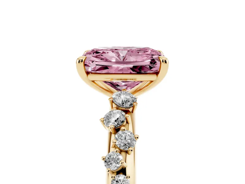 Fancy Pink Radiant Cut Diamond Cluster Solitaire Ring Set in Yellow gold with Prong Setting