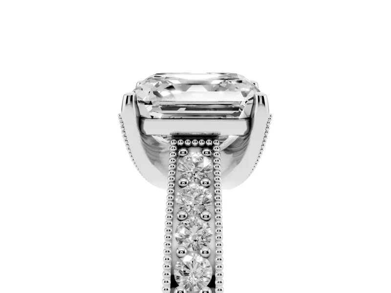 Asscher Cut Vintage Hidden Halo Engagement Ring Setting | Milgrain Pave Band | Platinum