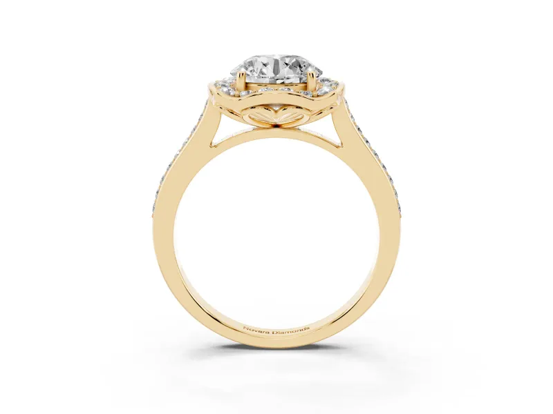 Round Petal Tip Halo Engagement Ring Setting | Single Row Pavé Band | Yellow Gold