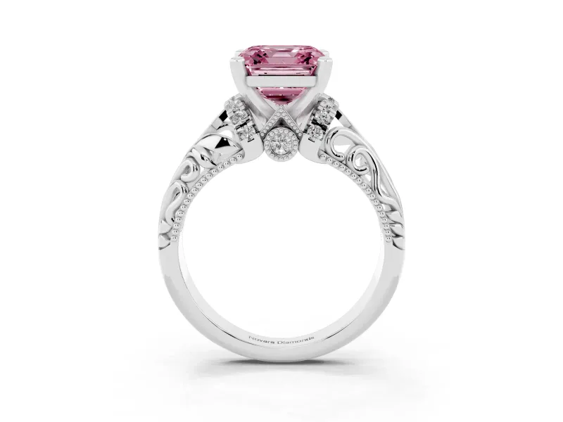 Fancy Pink Asscher Cut Diamond Filigree Halo Engagement Ring Set in Silver with Prong Setting