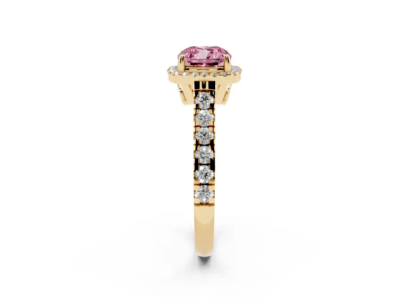 Cushion Cut Accented Halo Engagement Ring Setting for a Fancy Pink Lab-Grown Diamond | Yellow Gold