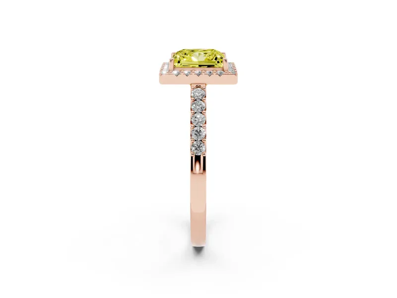 Fancy Yellow Princess Cut Diamond Halo Pavé Solitaire Ring Set in Rose gold with Prong-Set Center Stone