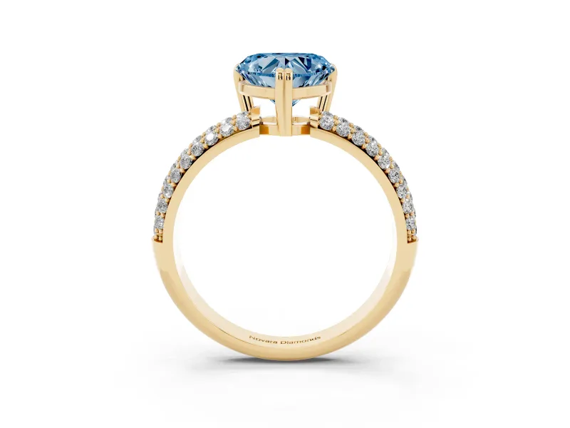 Heart-Shaped Three Row Pave Engagement Ring Setting for a Fancy Blue Lab-Grown Diamond | Yellow Gold