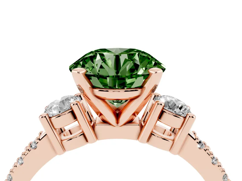 Fancy Green Three-Stone Round Cut Diamond Pavé Band Ring Set in Rose gold with Prong Setting