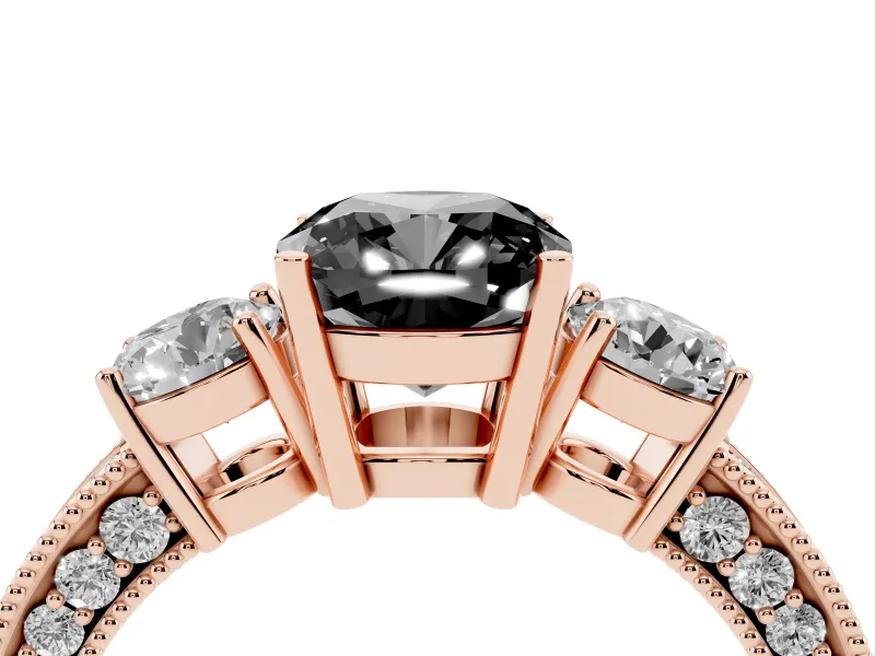 Fancy Black Cushion Cut Diamond Three-Stone Ring Set in Rose gold with Round Side Stones and Pavé Band