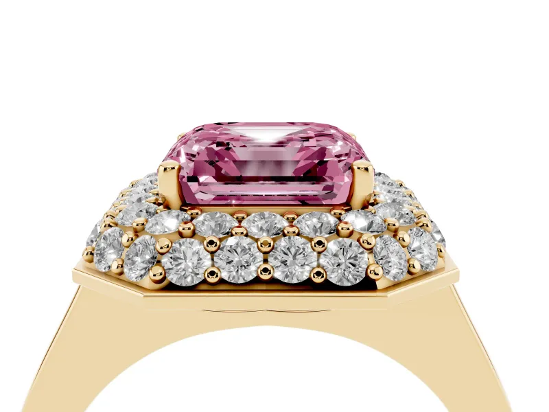 Fancy Pink Asscher Cut Diamond Halo Engagement Ring Set in Yellow gold with Solitaire Band and Prong Setting