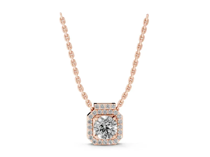 Round Lab-Grown Diamond Octagonal Halo Pendant Necklace | Pavé Bar Bail | Rose Gold