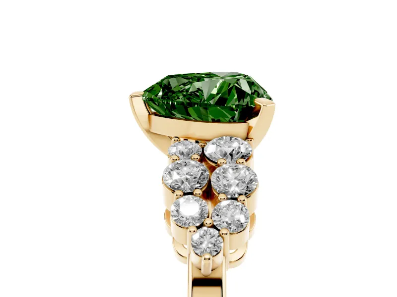 Fancy Green Heart Cut Diamond Cluster Engagement Ring Set in Yellow gold with Pavé Band and Prong Setting