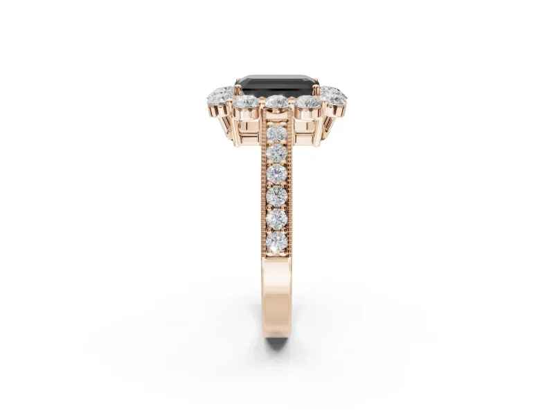 Fancy Black Emerald Cut Lab-Grown Diamond Halo Pavé Engagement Ring Set in Rose Gold with Milgrain Detailing