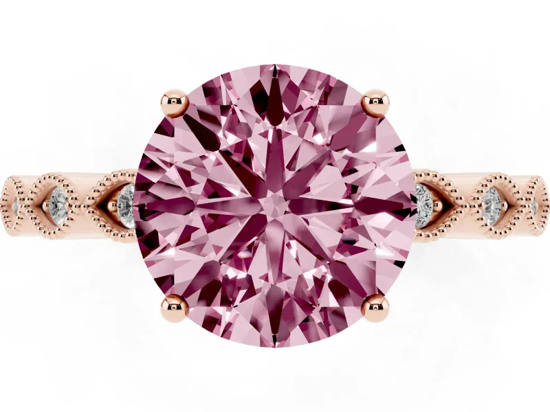 Fancy Pink Round Cut Diamond Solitaire Ring Set in Rose gold with Infinity Twist Pavé Band