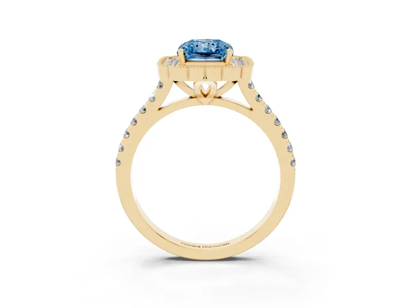 Radiant Cut Milgrain Floral Halo Engagement Ring Setting for a Fancy Blue Lab-Grown Diamond | Pavé Band | Yellow Gold