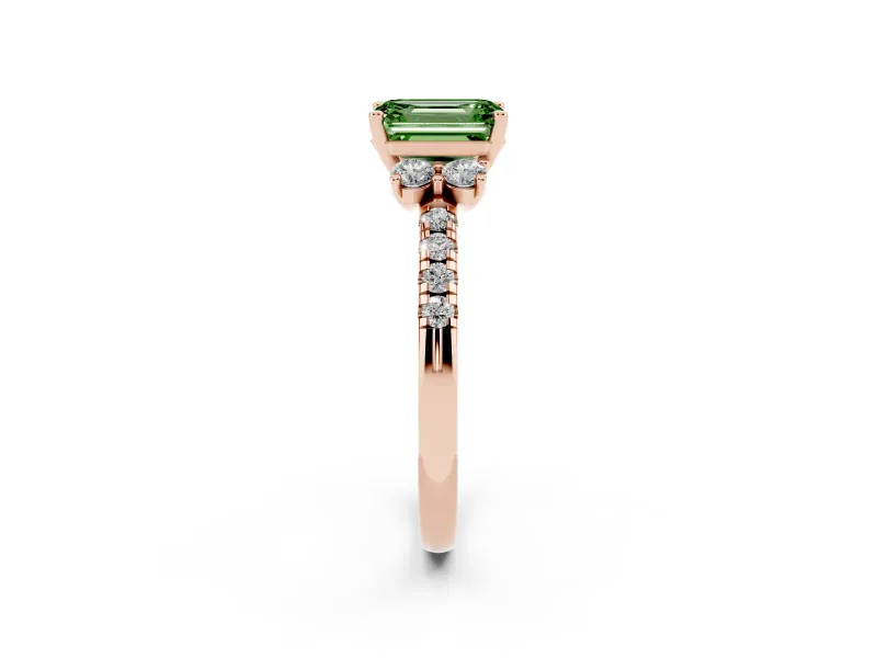 Emerald Cut Side Stone Engagement Ring Setting for a Fancy Green Lab-Grown Diamond | Pave Band | Rose Gold