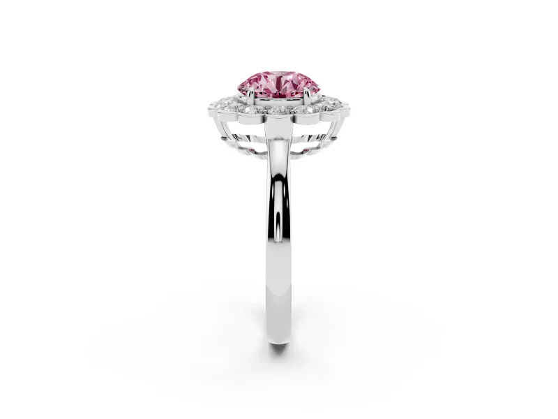 Round Scalloped Cluster Halo Engagement Ring Setting for a Fancy Pink Lab-Grown Diamond | Plain Band | Sterling Silver