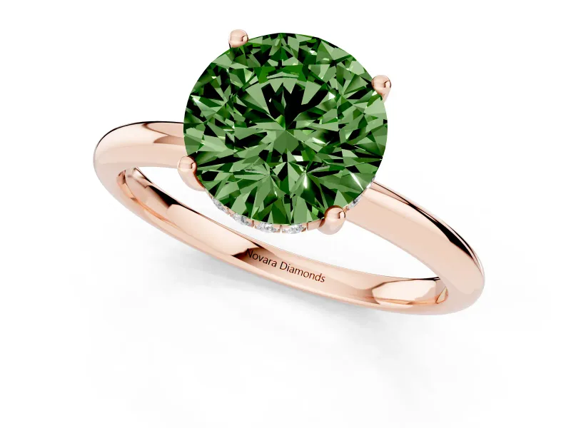 Fancy Green Round Cut Diamond Solitaire Engagement Ring Set in Rose gold with Prong Setting and Polished Band
