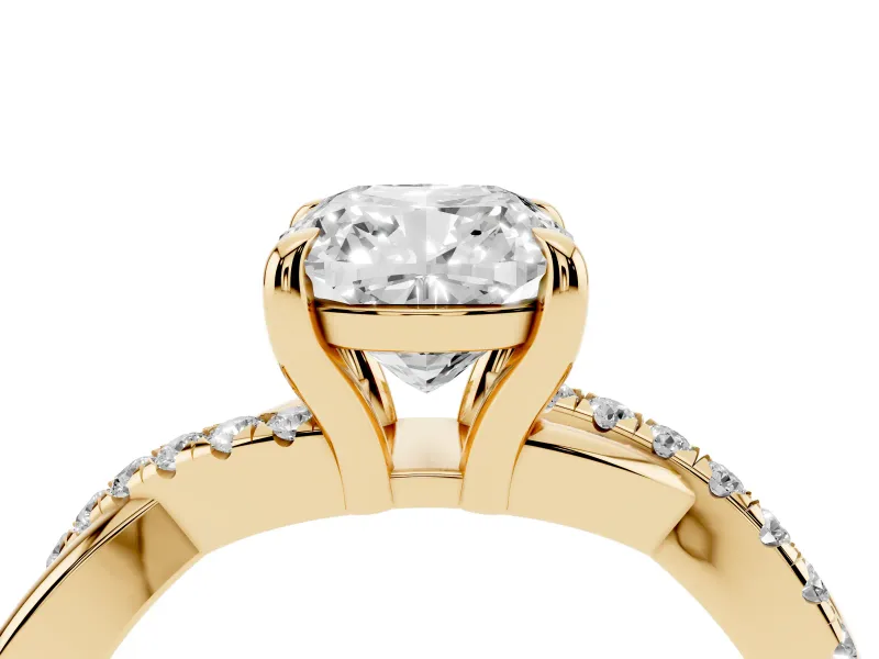 Cushion Cut Diamond Twist Band Solitaire Set in Yellow gold with Pavé Accents and Prong Setting