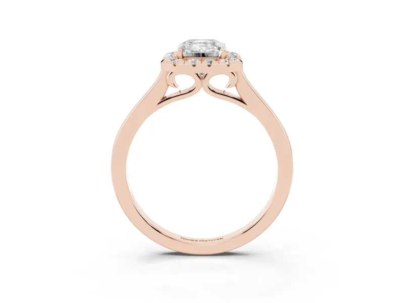 Emerald Cut Halo Round Diamond Solitaire Ring Set in Rose gold with Pavé Band and Prong Setting