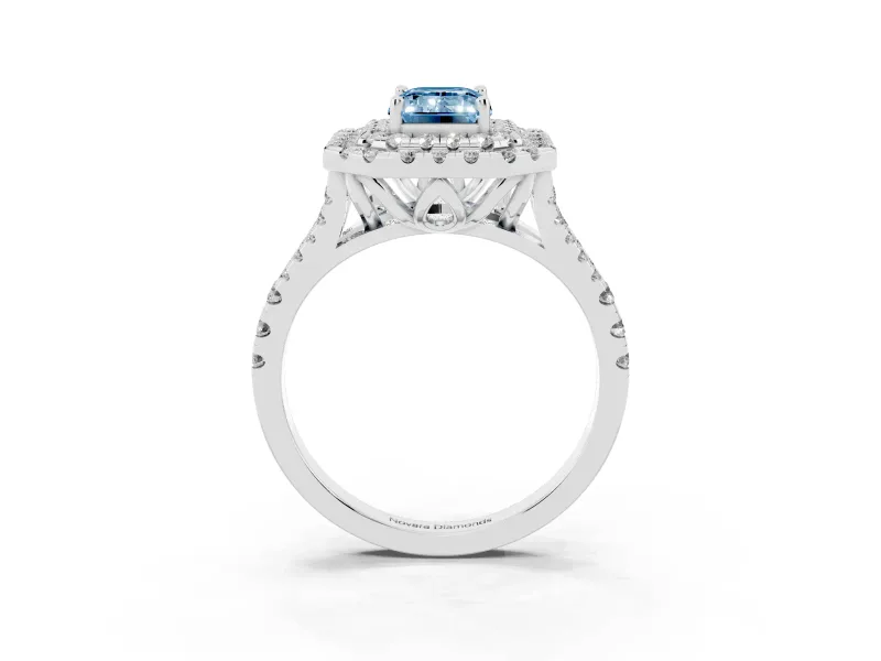 Emerald Cut Halo Split Shank Engagement Ring Setting for a Fancy Blue Lab-Grown Diamond | Pavé Strands | Platinum