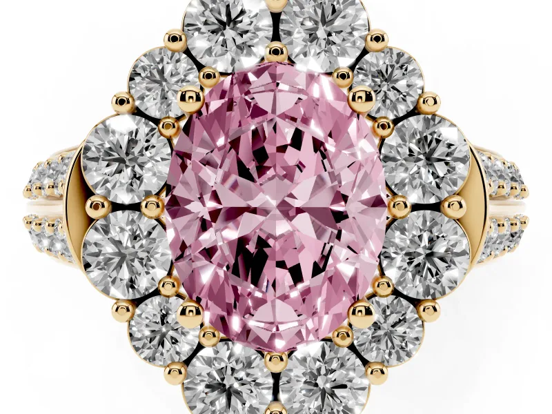 Fancy Pink Oval Cut Diamond Halo Engagement Ring Set in Yellow gold with Split Shank and Prong Setting