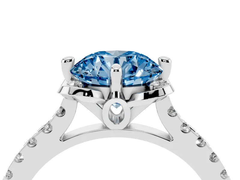 Fancy Blue Round Cut Diamond Solitaire Ring Set in Platinum with Pavé Band and Floral Prong Setting