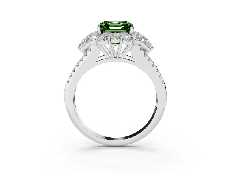Fancy Green Asscher Cut Diamond Halo Split Shank Engagement Ring Set in Platinum with Prong-Held Center Stone
