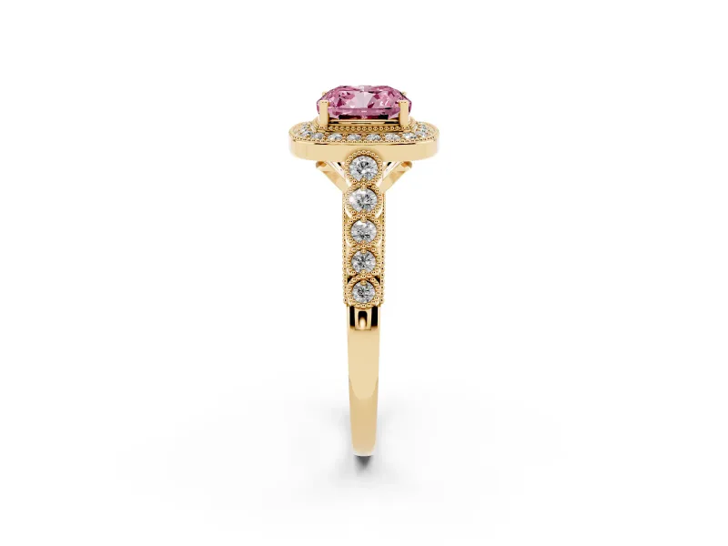Cushion Cut Graduated Milgrain Halo Engagement Ring Setting for a Fancy Pink Lab-Grown Diamond | Yellow Gold