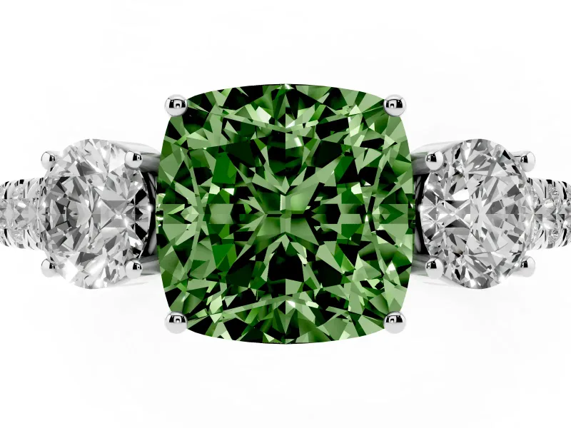 Cushion Cut Engagement Ring Setting for a Fancy Green Lab-Grown Diamond | Three Stone | Sterling Silver
