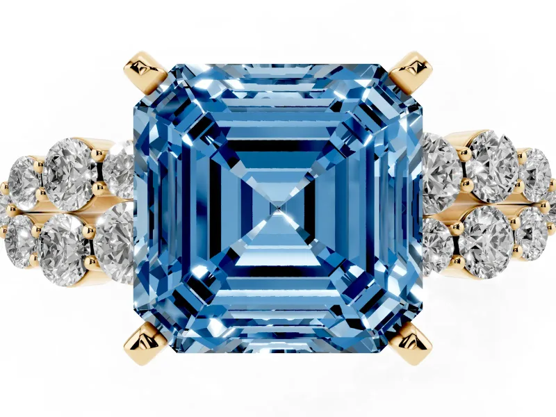 Fancy Blue Asscher Cut Diamond Cluster Engagement Ring Set in Yellow gold with Pavé Band and Prong Setting