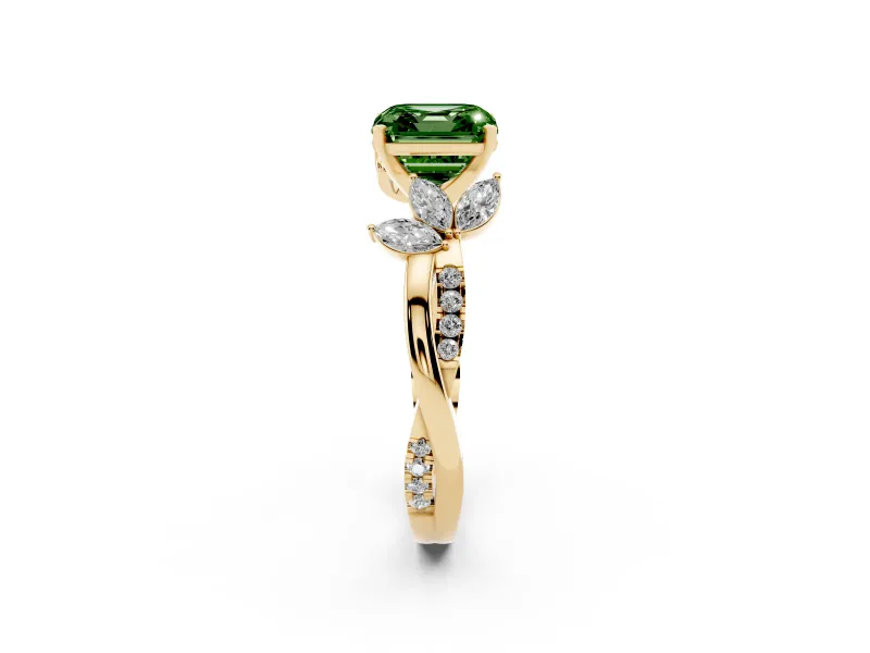 Fancy Green Asscher Cut Diamond Floral Vine Solitaire Engagement Ring Set in Yellow gold with Marquise Leaves