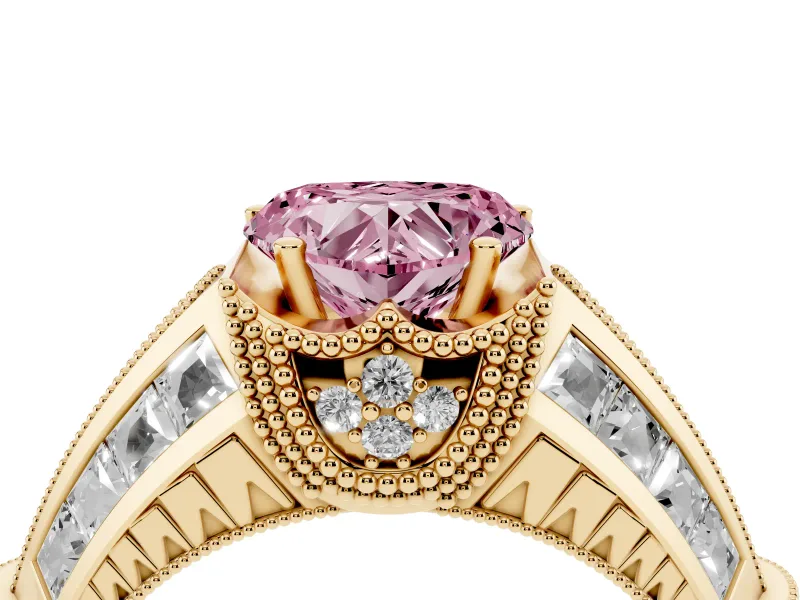 Fancy Pink Heart Cut Diamond Vintage-Inspired Milgrain Ring Set in Yellow gold with Accent Split Shank