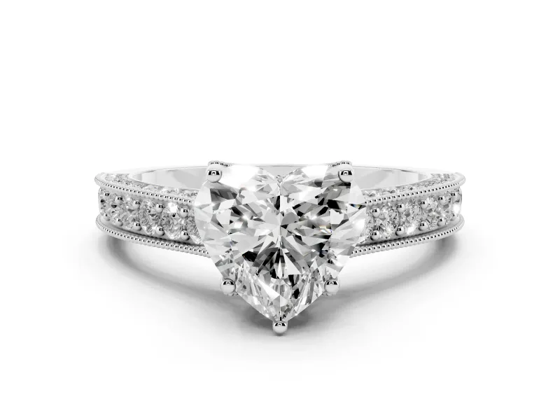 Heart Cut Diamond Solitaire Ring Set in White gold with Milgrain-Edged Pavé Band and Prong Setting