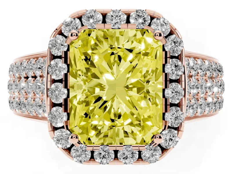 Radiant Cut Pavé Engagement Ring Setting for a Fancy Yellow Lab-Grown Diamond | Wide Three-Row Band | Rose Gold