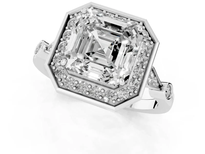 Asscher Cut Vintage Halo Engagement Ring Setting | Bezel Station Shoulders | Platinum