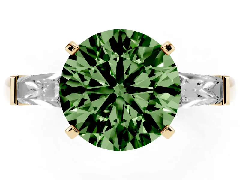 Fancy Green Round Cut Diamond Solitaire Ring Set in Yellow gold with Tapered Baguette Side Stones and Prong Setting