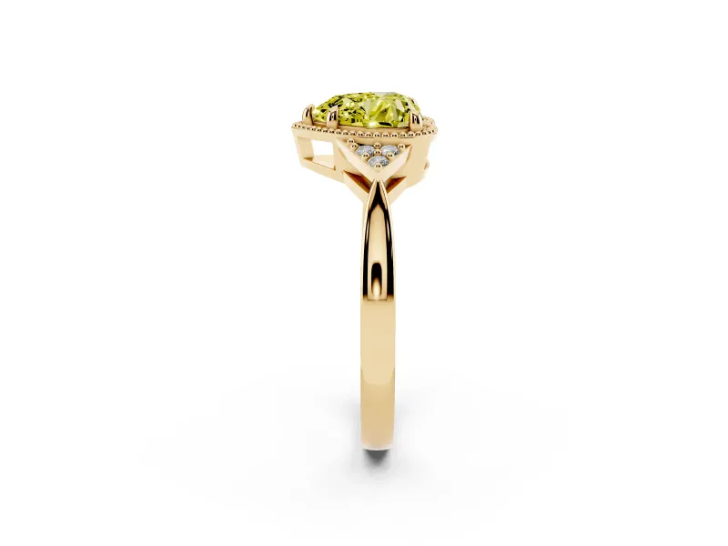 Fancy Yellow Heart Cut Diamond Milgrain Solitaire Ring Set in Yellow gold with Tapered Pavé Band and Prong Setting