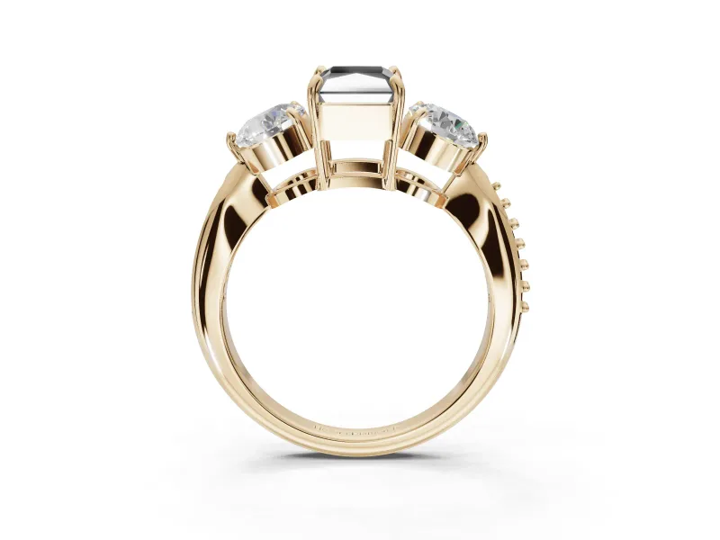 Fancy Black Radiant Cut Lab-Grown Diamond Three-Stone Ring Set in Yellow Gold with Channel-Set Band and Prong Setting