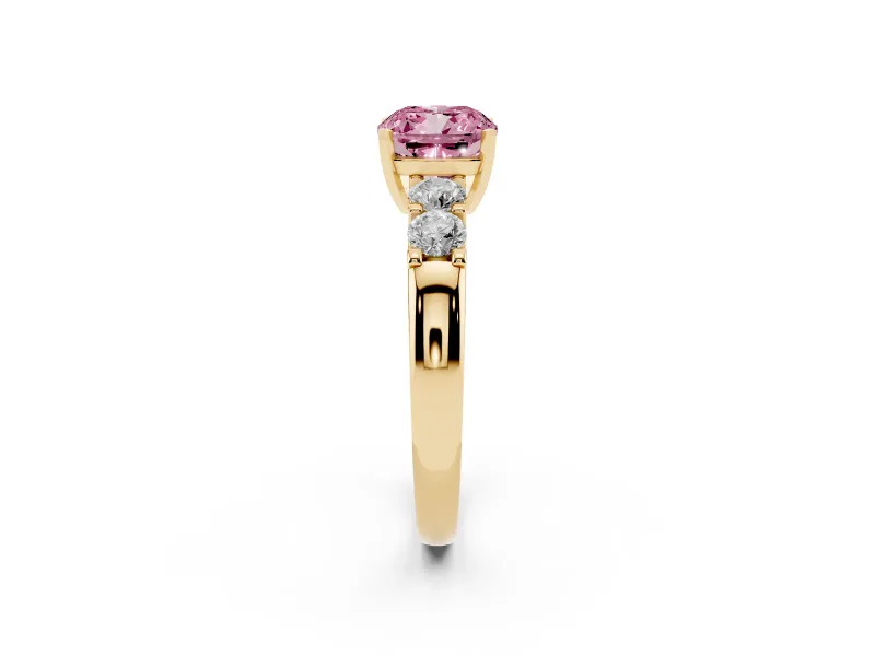 Fancy Pink Cushion Cut Diamond Five-Stone Prong Set Engagement Ring Set in Yellow gold with Channel Band