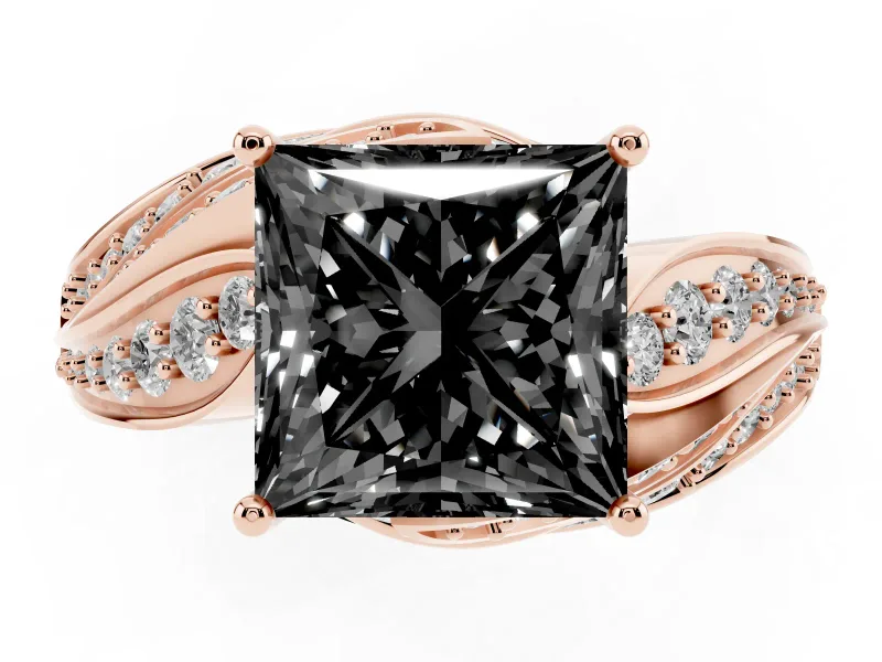 Fancy Black Princess Cut Diamond Solitaire Ring Set in Rose gold with Layered Twist Pavé Band