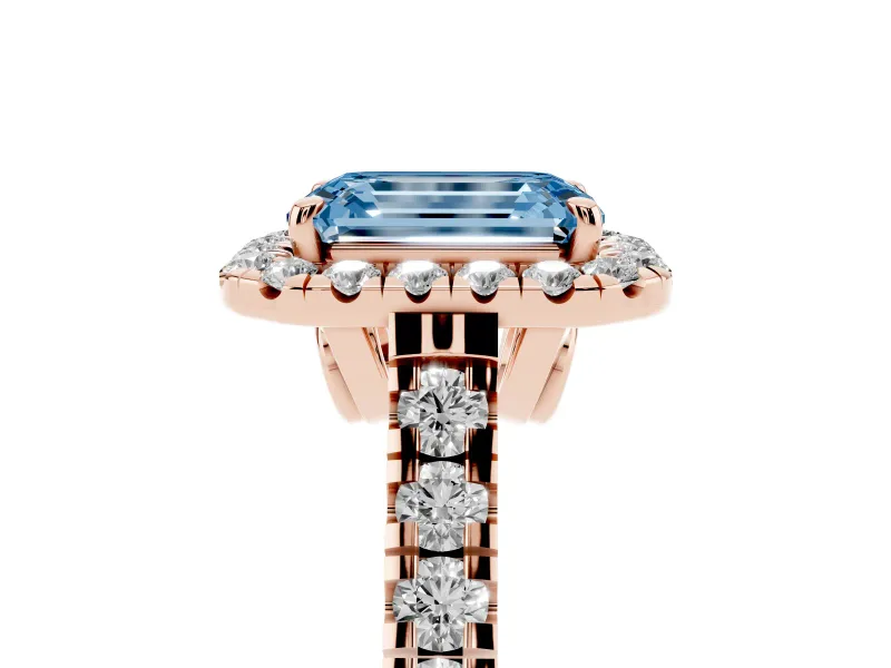 Emerald Cut Accented Halo Engagement Ring Setting for a Fancy Blue Lab-Grown Diamond | Rose Gold