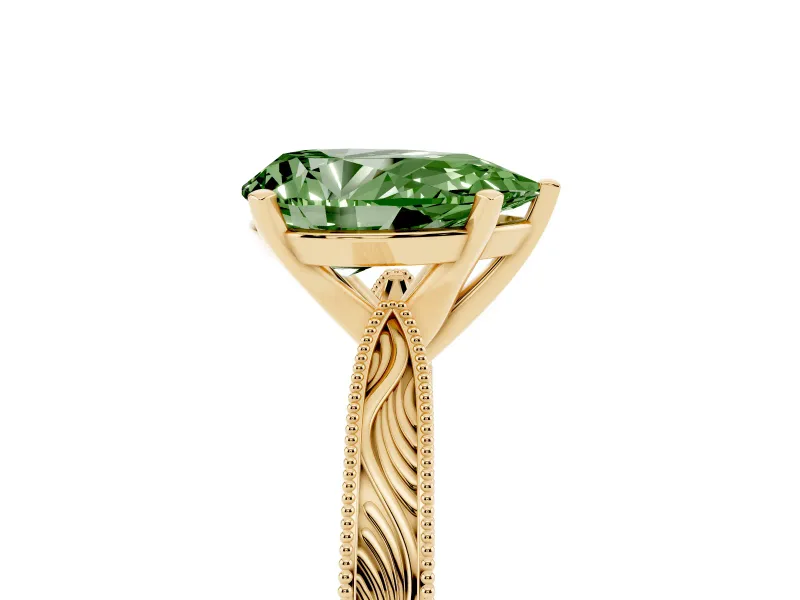 Fancy Green Pear Cut Diamond Solitaire Milgrain Engraved Band Set in Yellow gold with Prong Setting