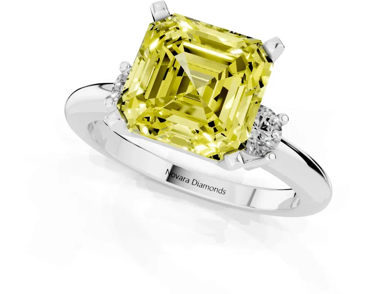 Fancy Yellow Three-Stone Asscher Cut Diamond Ring Set in Platinum with Prong Setting and Plain Band