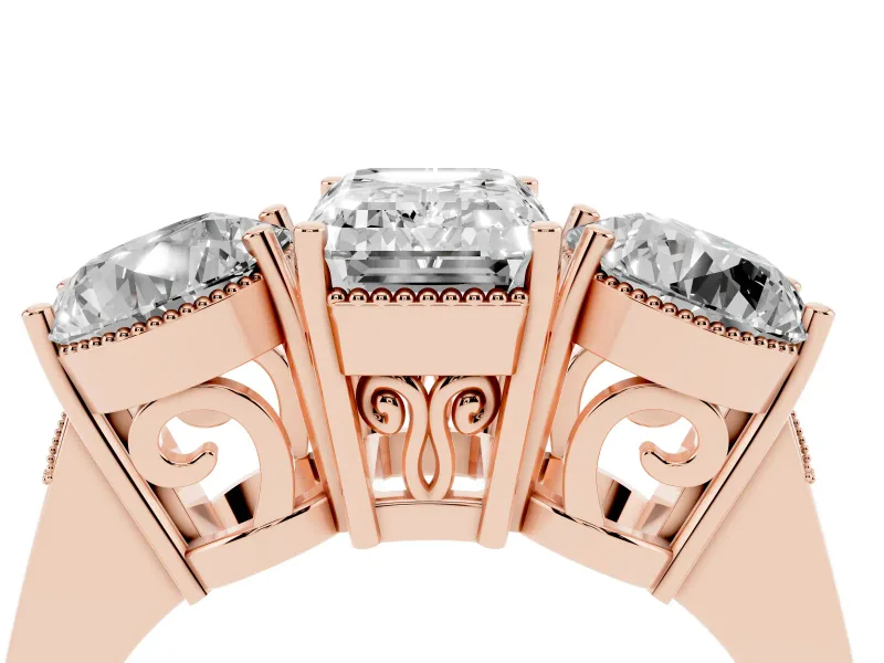 Emerald Cut Diamond Three-Stone Engagement Ring Set in Rose gold with Polished Band