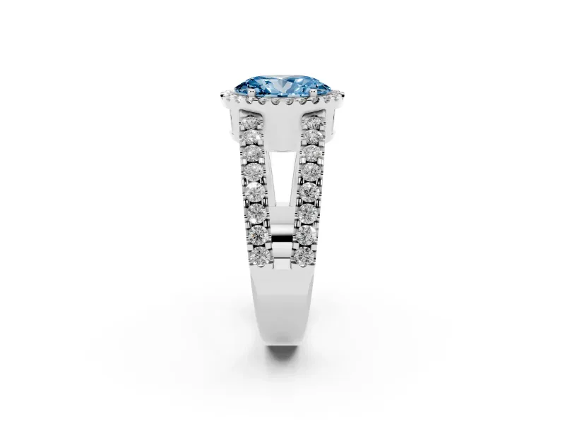 Fancy Blue Oval Cut Diamond Halo Ring Set in Silver with Pavé Split Shank and Prong Setting