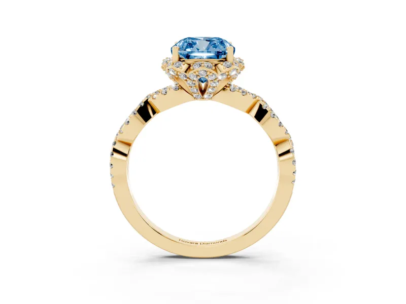 Fancy Blue Cushion Cut Diamond Halo Twist Band Solitaire Ring Set in Yellow gold with Prong-Set Center Stone