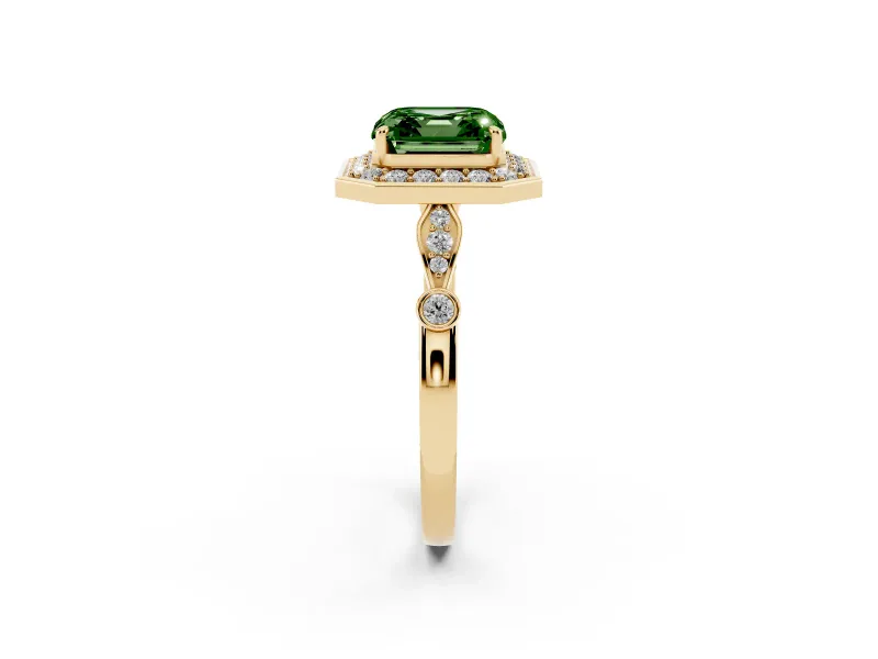 Asscher Cut Halo Engagement Ring Setting for a Fancy Green Lab-Grown Diamond | Bezel Station Shoulders | Yellow Gold