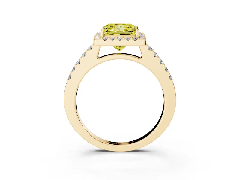 Fancy Yellow Princess Cut Diamond Halo Pavé Solitaire Ring Set in Yellow gold with Prong-Set Center Stone