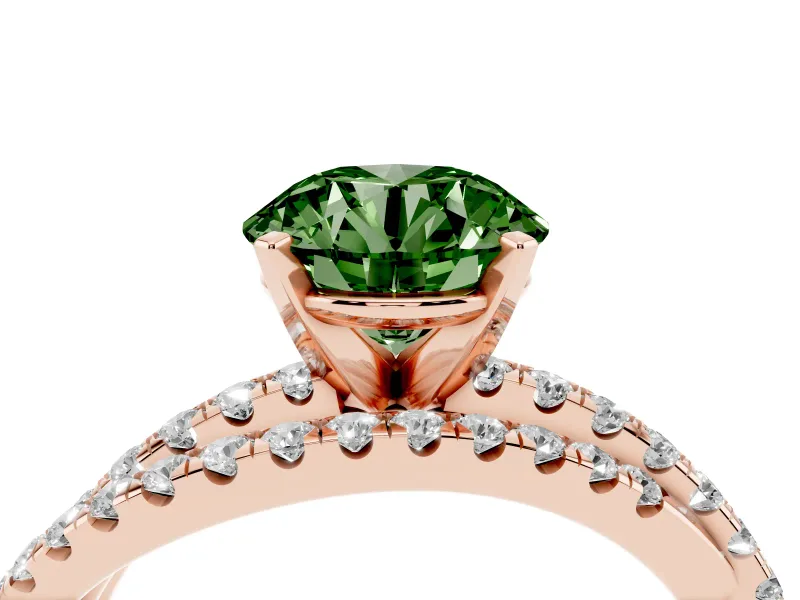 Fancy Green Round Cut Diamond Solitaire Twist Band Ring Set in Rose gold with Pavé Setting and Prong Head