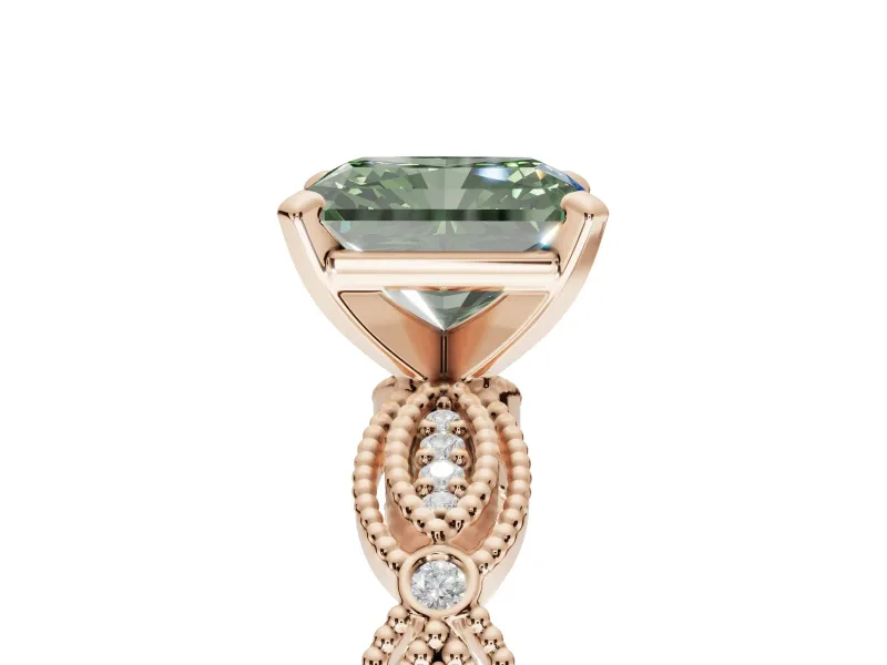 Radiant Cut Vintage Engagement Ring Setting for a Fancy Green Lab-Grown Diamond | Graduated Stations | Rose Gold