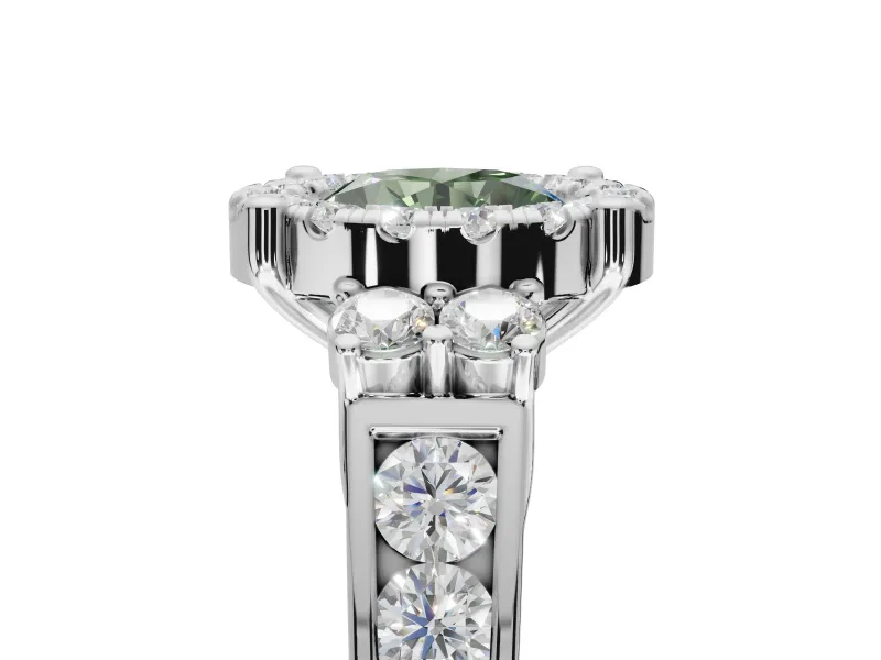 Round Halo Engagement Ring Setting for a Fancy Green Lab-Grown Diamond | Side Clusters | Platinum